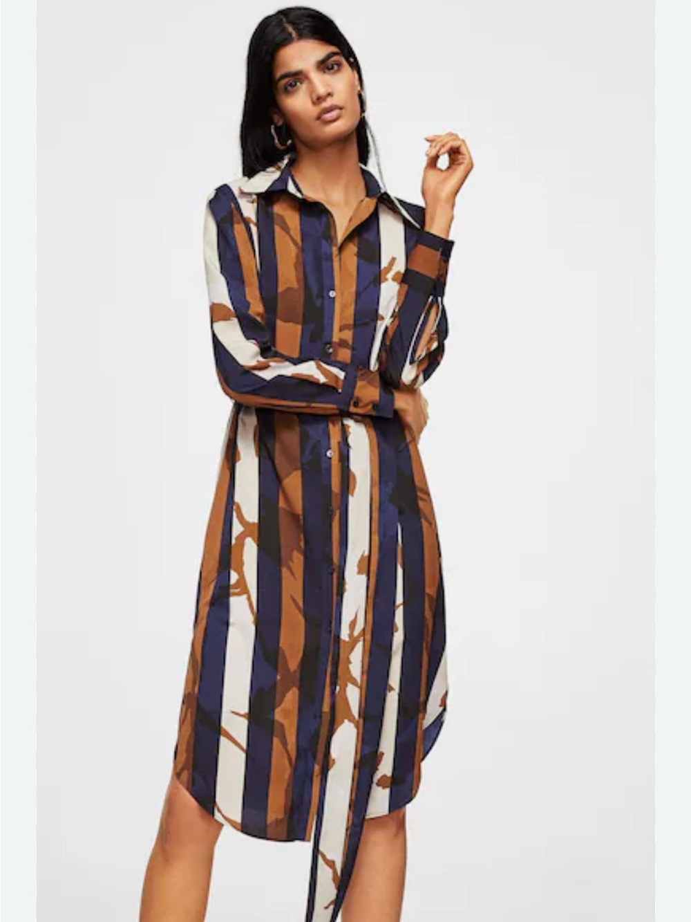 Mango Striped Tie Waist Shirt Midi Dress European Chic Contemporary Small Size 4